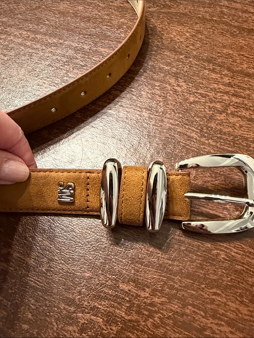 Faux suede Leather Belt with Silver Buckle - tan